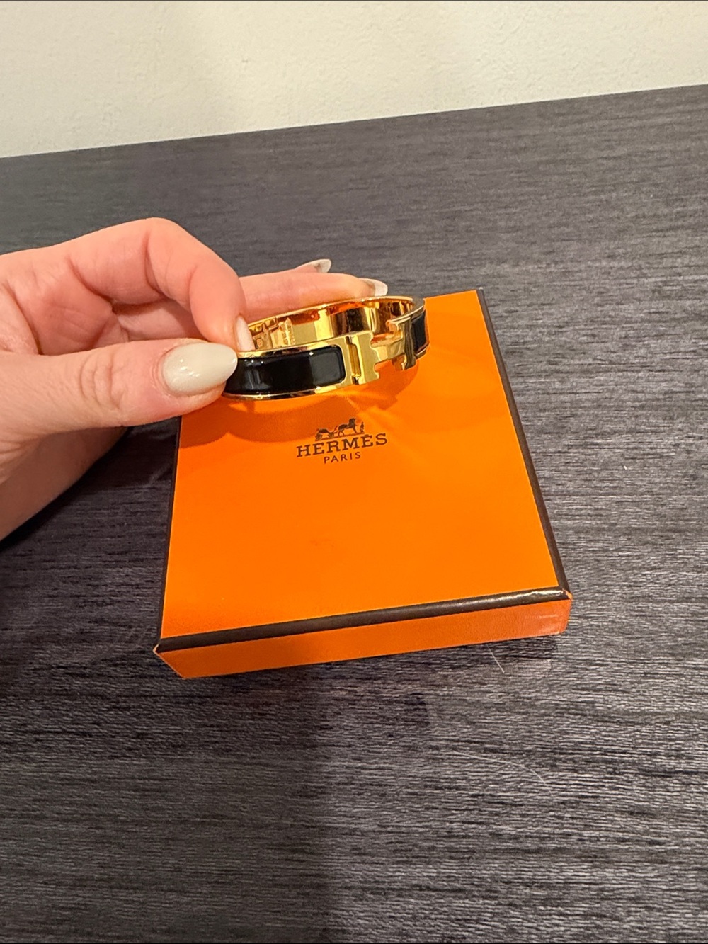 Hermes Black Enamel and Gold H Clic Bracelet